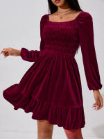 Vestido de estilo simple y elegante para mujeres cintura alta, adelgazamiento, falda roja de vino - details 3
