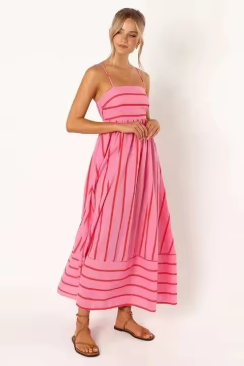 Vestido de Verano 2025 con Estampado a Rayas de Moda Vestido Largo A-e con Espalda Descubierta para Mujeres - 1
