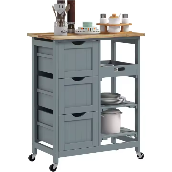 Cocina de Ruedas Multiuso 3 Cajones, 2 Estantes Abiertos, Banja Extraíble para Comedor Salón - 1