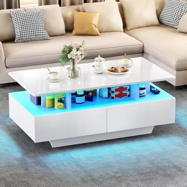 Mesa de centro con 16 colores LED para sala, mesa de café de madera moderna con estante abierto y 4 cajones - 1