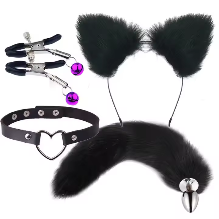 Juego de diademas con orejas de gato para mujer, pezón, Clip, cuello, cola de zorro, tapón Anal, Juguetes sexuales de Cosplay erótico, lindo - 1