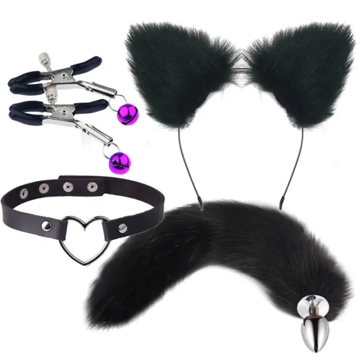 Juego de diademas con orejas de gato para mujer, pezón, Clip, cuello, cola de zorro, tapón Anal, Juguetes sexuales de Cosplay erótico, lindo - 1