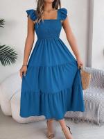 Escote cuadrado de verano con mangas anchas y pliegues, vestido informal de algodón transpirable para playa o uso diario, estilo bohemio - details 12