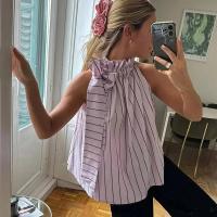 Blusa a rayas con cuello redondo para mujer, Top plisado sin mangas con cordones, camisas rectas informales elegantes a la moda - details 0