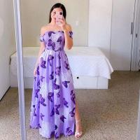 Elegante Vestido Midi de Hombros Descubiertos para Mujer 2024 Cintura Alta, Manga Corta, Estampado, Moda de Verano - details 12