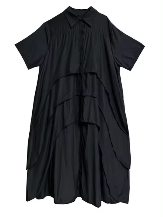 EAM mujeres negro capas espalda talla grande vestido camisero largo solapa nueva manga corta moda Primavera Verano 2025 1DH6073 - 1