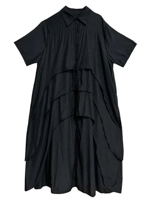 EAM mujeres negro capas espalda talla grande vestido camisero largo solapa nueva manga corta moda Primavera Verano 2025 1DH6073 - 1
