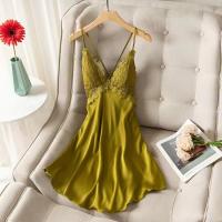 Camisón sexy con tirantes y espalda descubierta cruzada francesa para mujer, pijama de satén de seda bordado para mujer - details 0