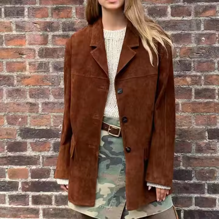 Chaqueta de Camurça Suétera Marrón Vintage Abrigo Casual para Mujer de Moda Callejera 2023 - 1
