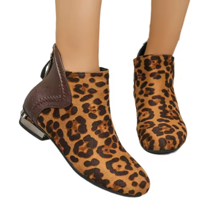 2025 Botas de tacón plano Bo cortas con estampado de leopardo para mujer, talla grande, para otoño, - 1