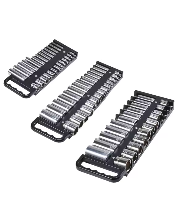 SucceBuy Bandeja organizadora de enchufes portátil, juego de 3 piezas con enchufes métricos y SAE, soporte resistente para caja de herramientas, 1/4'', 3/8'', 1/2'', hasta 76 enchufes, base magnética y asa - 1