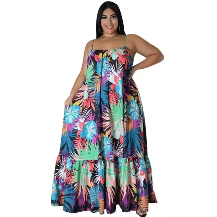 Vestidos de talla grande 5XL 4XL para mujer, batas con volantes en cascada, vestido holgado informal de estilo callejero con estampado de verano y otoño, vestido Maxi de talla grande - 1