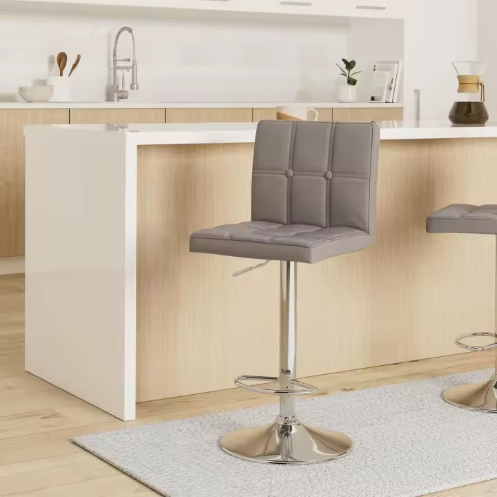 2xTaburetes de Bar Taburetes Cocina Alto con Respaldo Silla Tapizados en Cuero de Imitación Reposapiés en Acabado Cromado Altura Ajustable (Respaldo de 6 Cuadros,Beige - 1