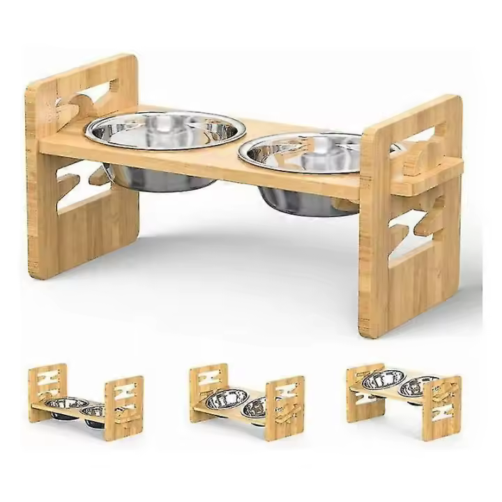 Soporte para cuencos para perros elevado de madera ajustable en altura con 2 cuencos - Soporte para cuencos para perros grande Kryc - 1