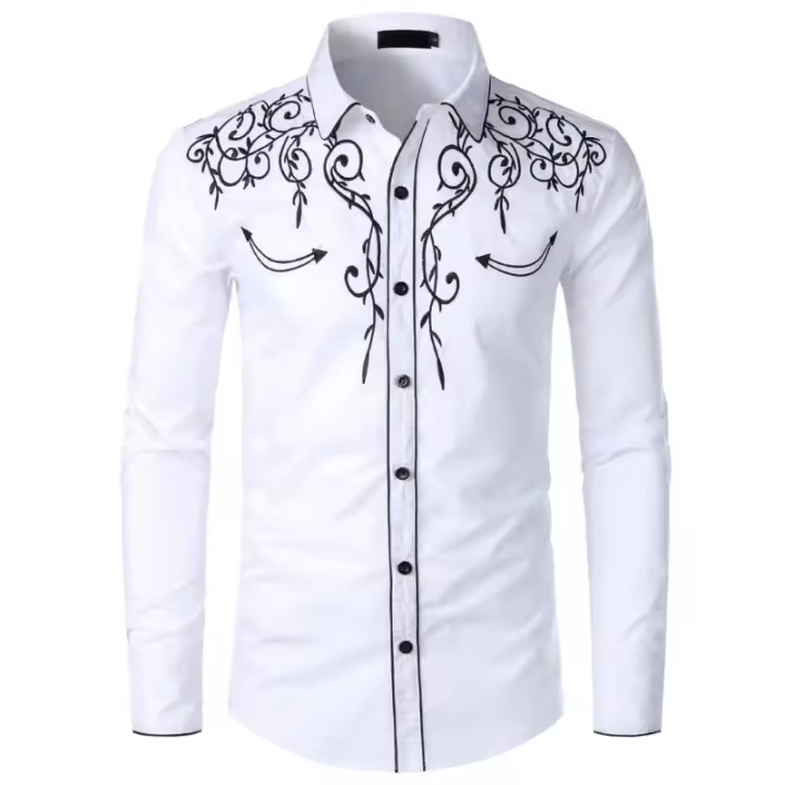 Camisa de manga larga americana de moda Denim occidental bordado de color sólido - 1