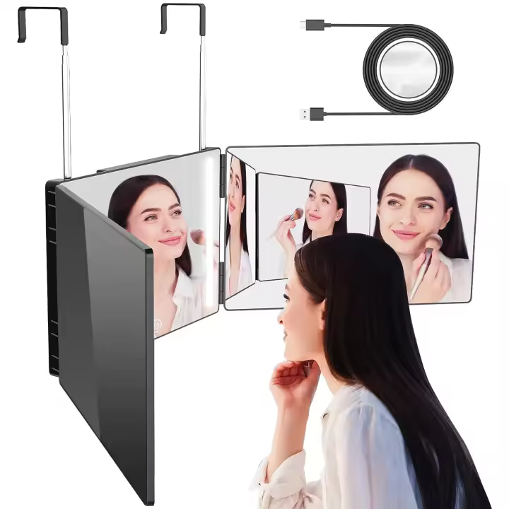 Espejo de 3 vías con luces LED, ajustable a 360 °, plegable - 1