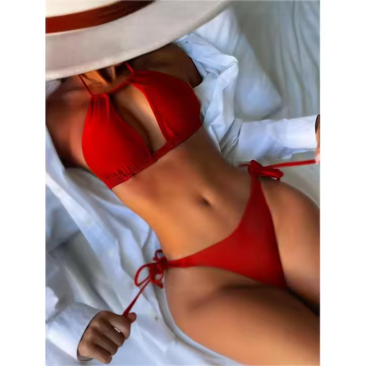 Estilo Bikini Ins Sexy Traje de baño de dos piezas Halter Correa de lazo Spicy Girl Sin espalda Cruzado - 1