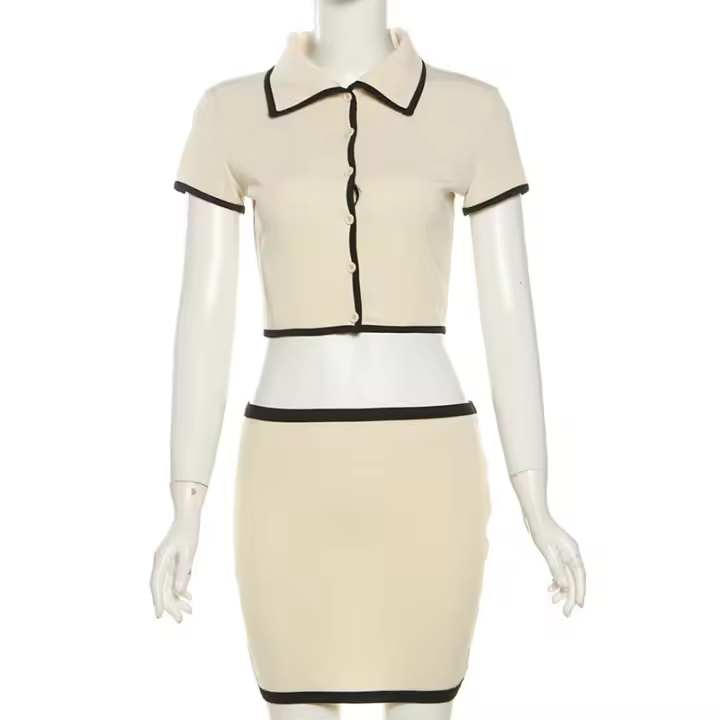 BUNO-Conjunto de 2 piezas de suéter de punto para mujer, cárdigan de manga corta recortada con solapa y minifalda, prendas de punto para mujer, trajes de Falda corta - 1