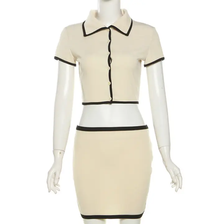 BUNO-Conjunto de 2 piezas de suéter de punto para mujer, cárdigan de manga corta recortada con solapa y minifalda, prendas de punto para mujer, trajes de Falda corta - 1