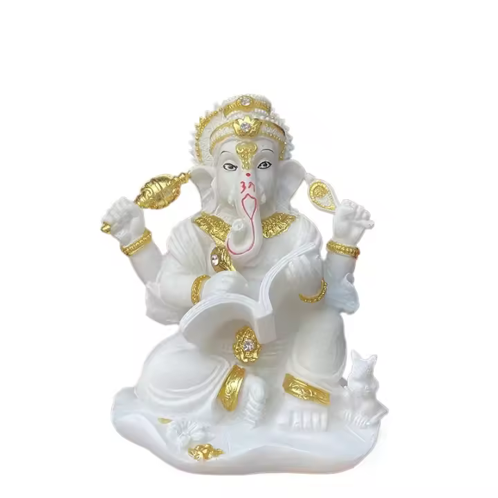 Estatua de Buda, elefante, Dios, cabeza artesanal chapada en oro indio de resina de tronco - 1