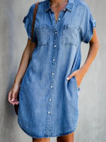 Vestido corto informal de verano para mujer, vestido de manga corta ajustado, falda vaquera midi - details 1
