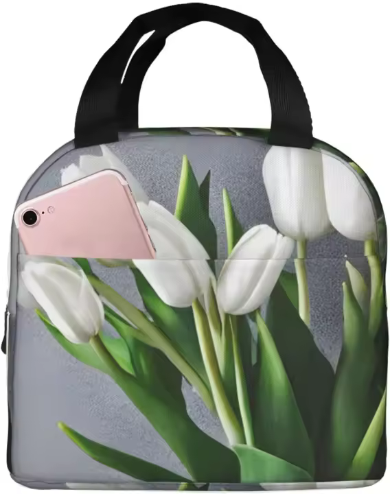 Bolsa de almuerzo con estampado de flores de tulipanes blancos, aislada fiambrera reutilizable, ideal para uso diario - 1