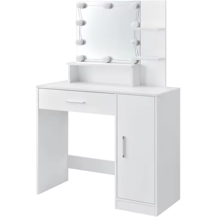 Mueble de Maquillaje de Madera Blanca Espejo, Cajón, 3 Estantes y Armario 90 x 38 x 137 cm - 1