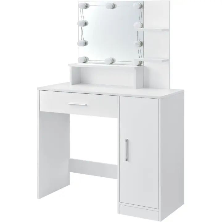 Mueble de Maquillaje de Madera Blanca Espejo, Cajón, 3 Estantes y Armario 90 x 38 x 137 cm - 1