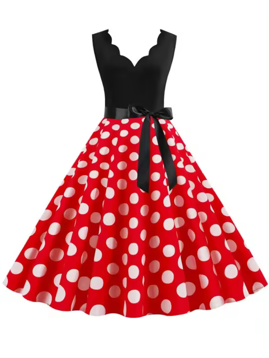 Dot print summer women elegant vintage party casual sleevelss a line dress - 1