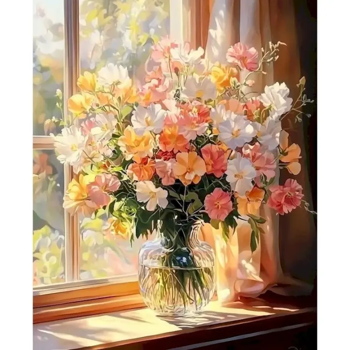 RUOPOTY-pintura por número para adultos, cuadro de flores de balcón moderno, pintura acrílica sobre lienzo, decoración del hogar - 1