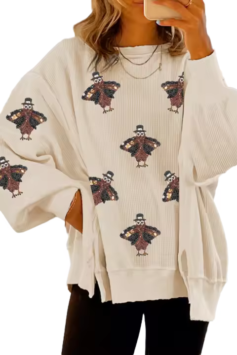 Top de Grafismo de Turkey con Lentejuelas de Elrachen Punto de Waffle Oversize para Mujeres Blanco - 1