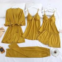 Conjunto de pijama de 5 piezas para mujer, ropa de dormir de satén Ence, suéter con cuello en V, albornoz de primavera - details 0