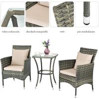 Conjunto Muebles de Jardín Ratán de 3 Piezas, 2 Sillas con Cojines y 1 Mesa de Vidrio Templado, Mesa y Sillas Terraza Terraza Patio Balcón (Beige) - details 5