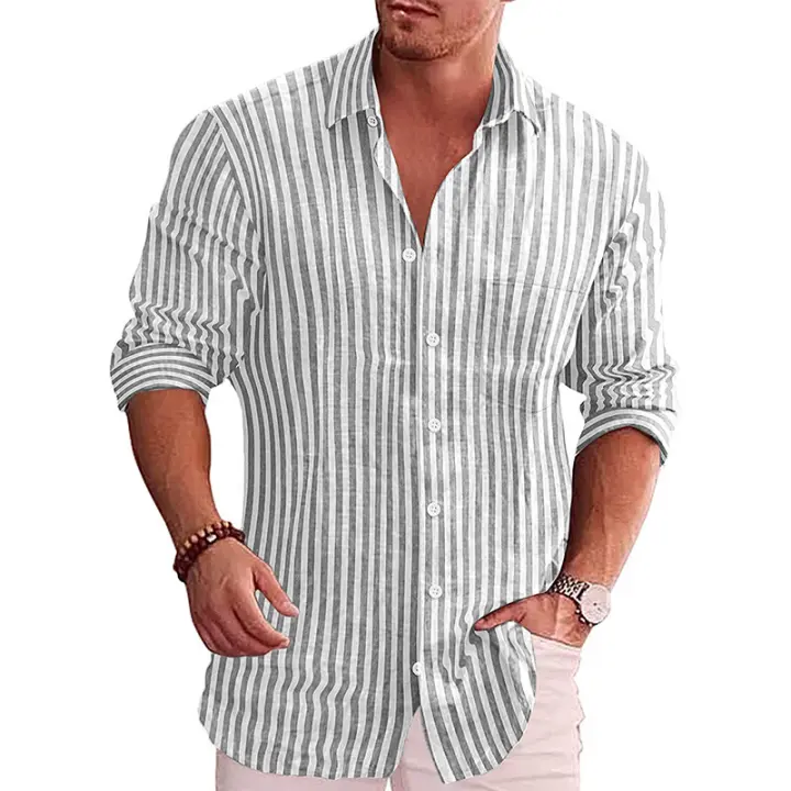 Camisa Casual a Rayas para Hombres Primavera y Otoño 2024 Camisa de Algodón y Lino con Cuello de Juventud Mangas Largas Estilo Europeo - 1