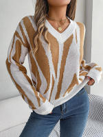 Jersey con cuello en V para mujer, suéter de manga larga con patrón geométrico de contraste, hilo de rosca, Tops informales de punto, otoño e invierno, 2023 - details 7