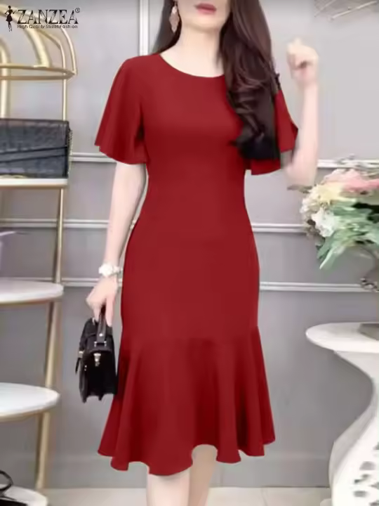 ZANZEA-Vestidos elegantes de sirena para mujer, Vestidos de fiesta ajustados con dobladillo con volantes y manga corta a la moda, bata Lisa Vintage de verano - 1