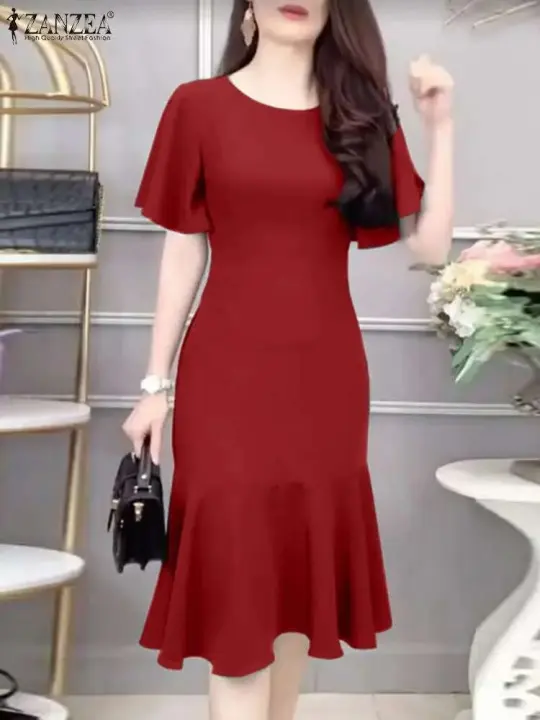 ZANZEA-Vestidos elegantes de sirena para mujer, Vestidos de fiesta ajustados con dobladillo con volantes y manga corta a la moda, bata Lisa Vintage de verano - 1