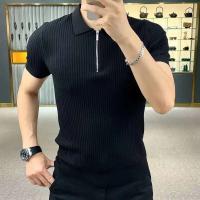 Polo de punto de seda helada para hombre, camiseta jacquard de manga corta, cuello, top fino de alta calidad, verano, nuevo - details 1