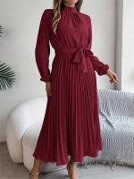 Vestido plisado elegante con cuello levantado y manga larga y cintura cerrada para mujer, vestido largo de Otoño Invierno - details 9