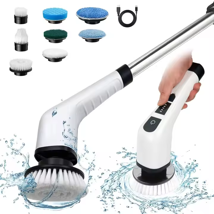 Depurador giratorio eléctrico con 8 cabezales de cepillo de taladro reemplazables, mango ajustable, Control de 2 velocidades, para baño, suelo de azulejos y coche - 1