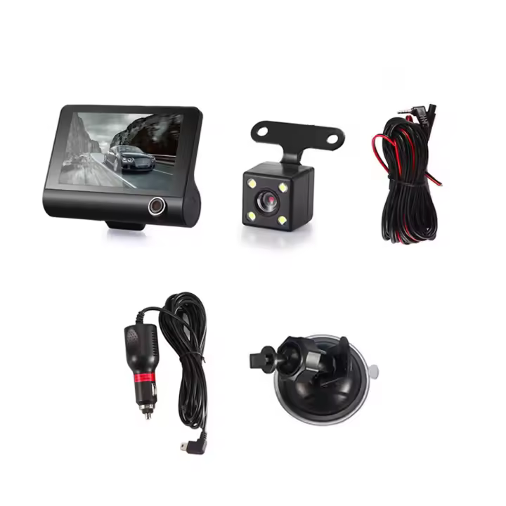 Cámara de salpicadero DVR para coche, de 4 pulgadas Dashcam, pantalla HD 1080P, 3 lentes, grabadora de vídeo frontal + Interior + cámara de visión trasera - 1