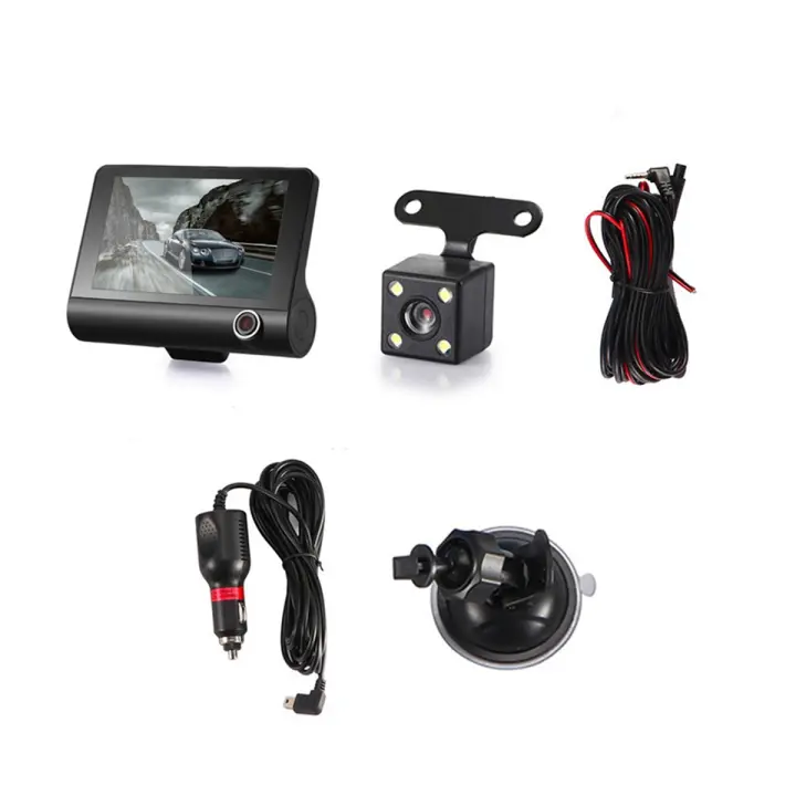Cámara de salpicadero DVR para coche, de 4 pulgadas Dashcam, pantalla HD 1080P, 3 lentes, grabadora de vídeo frontal + Interior + cámara de visión trasera - 1