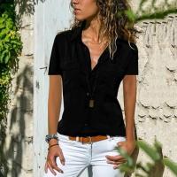 Nuevas Camisas Informales para Mujer Blusa Vintage de Manga Corta con Solapa y Bolsillos Delanteros - details 5
