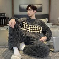 Pijamas de lana Coral de otoño e invierno para hombre, conjunto de piel gruesa y de terciopelo cálido para jóvenes, franela grande, invierno - details 5