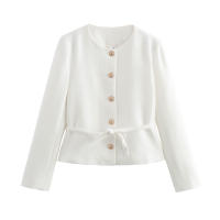 Elegant Black White Jacket For Women Autumn O Neck Long Sleeve Crop Coat Single Breasted With Belt Lady New Outerwear - details 2