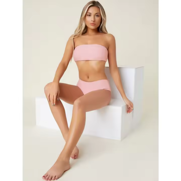 Conjunto de Bikini Rosa Sólido Traje de Baño de Nylon con Espalda Descubierta para Mujeres - 1