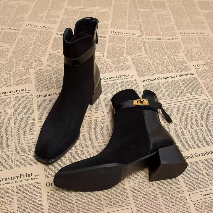 Nuevas botas delgadas populares, botines cortos de tacón alto grueso y cálido de terciopelo - 1