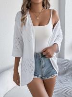 Cárdigan de punto con huecos de diamantes para mujer, Tops informales a prueba de sol, Color sólido, vacaciones de verano - details 5