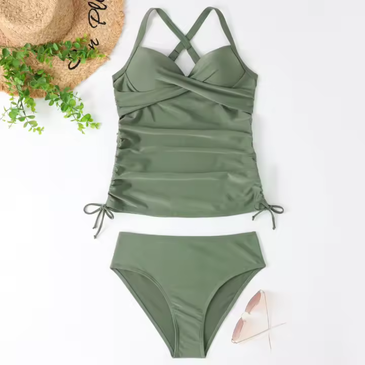 Traje de Baño de Dos Piezas con Estampado de Hoja Tankini de Verano Sexy para Mujeres Retráctil - 1