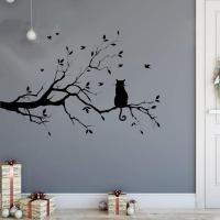 Pegatinas de pared de ramas de árbol negro, hojas de guardería, vinilo removible DIY, papel tapiz, decoración del hogar (gato) - details 2